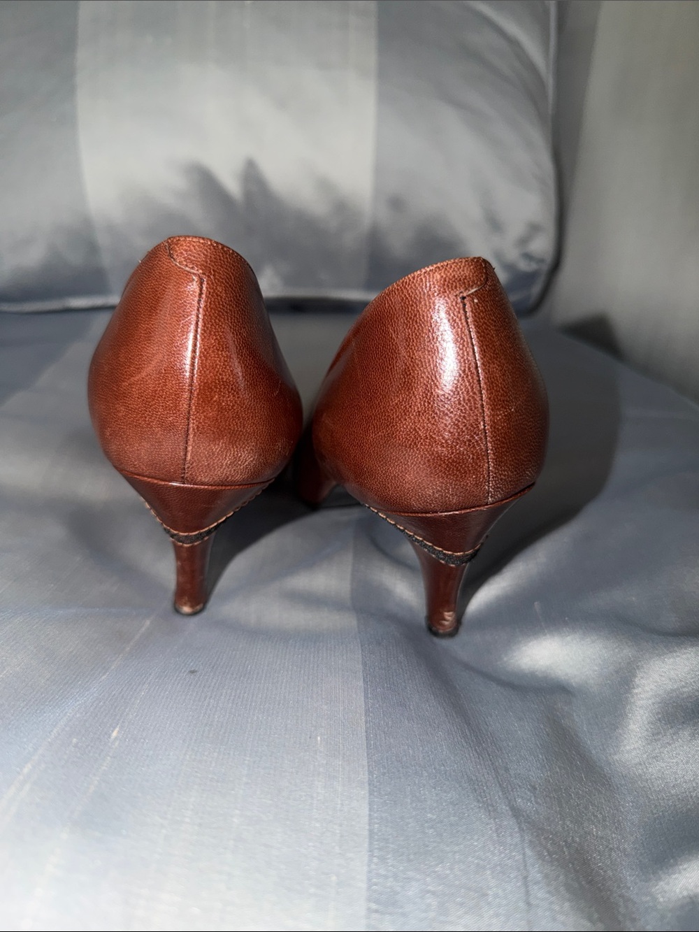Yves Saint Laurent Brown Pointed Toe Leather Pumps with Textured Trim - Picture 3 of 7